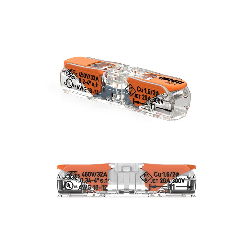 221-2401 | WAGO Lever-Nuts® Inline Splicing Connector | for Solid and Stranded Conductors | 2-Conductor with Operating levers | 20-12 A.W.G. | Transparent housing | White Cover | [Box of 60 Pieces]