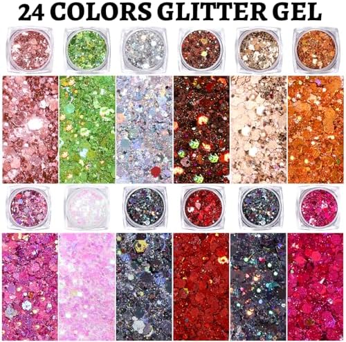 Teenitor 24 Colors Face Glitter Body Glitter Gel, Hair Glitter Gel, Glitter for Halloween Makeup, Face Makeup Glitter Gel for Face, Body, Hair
