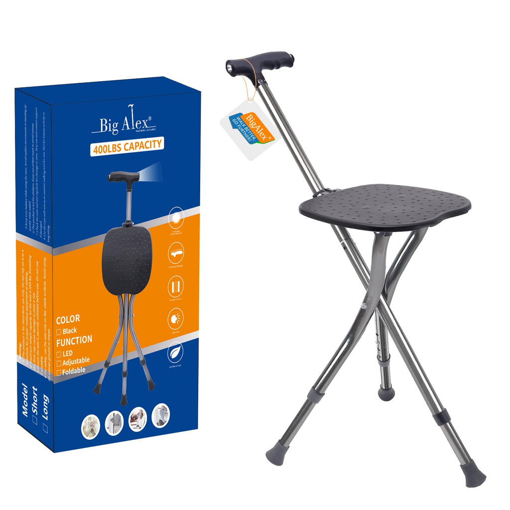 BigAlex Alloy Folding Cane with Seat, Lightweight Adjustable Walking Cane with Seat, Cane Seat with LED for Seniors, Cane Chair for Woman/Man,Anti-Slip Walking Stick for Seniors