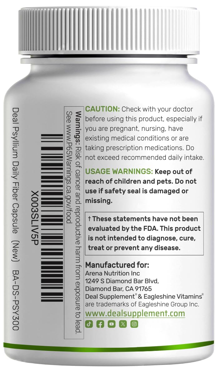 Psyllium Husk 1500mg Per Serving, 300 Capsules – 3 in 1 Fiber Supplement with Inulin & Acacia Complex – Natural Soluble Fiber, Supports Digestive Health* – Plant Based, Non-GMO