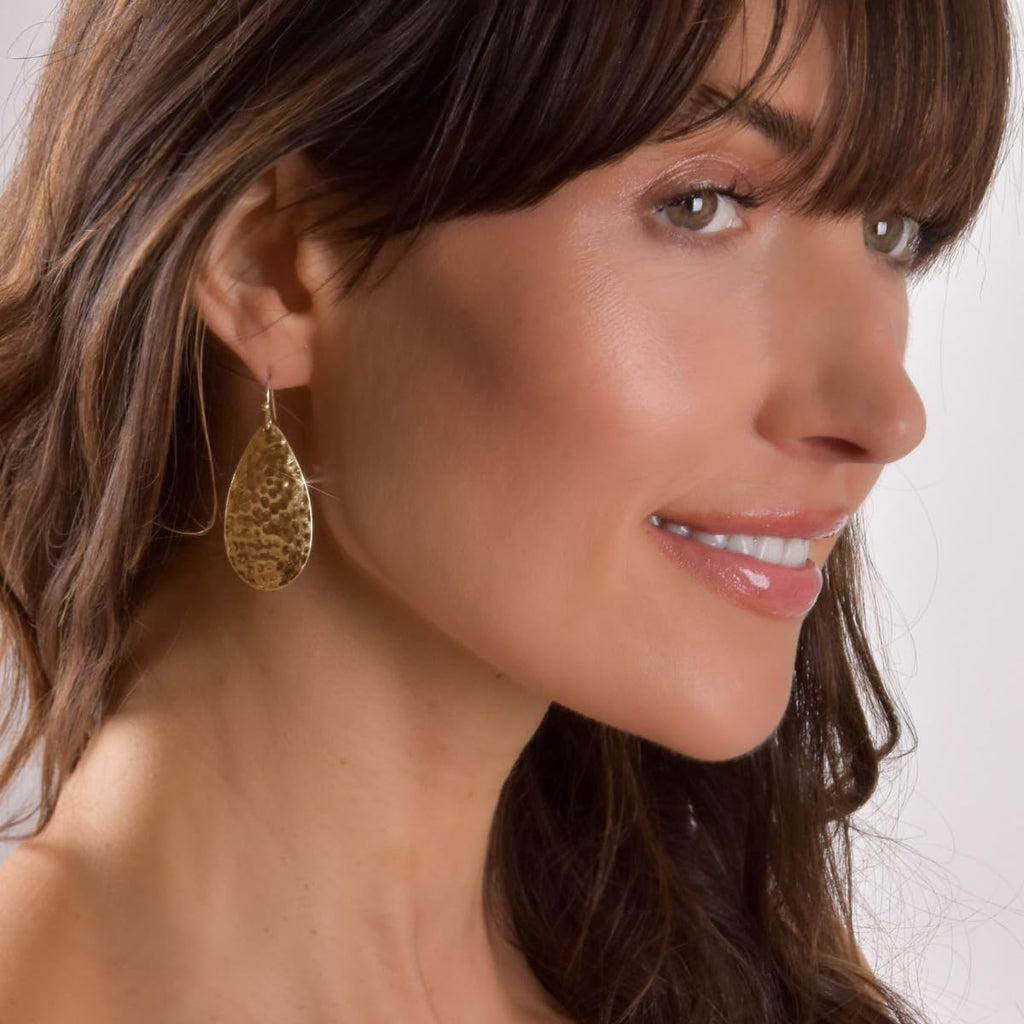Hammered Teardrop Earrings for Women, Gold Tone Statement Tear Drop Dangles