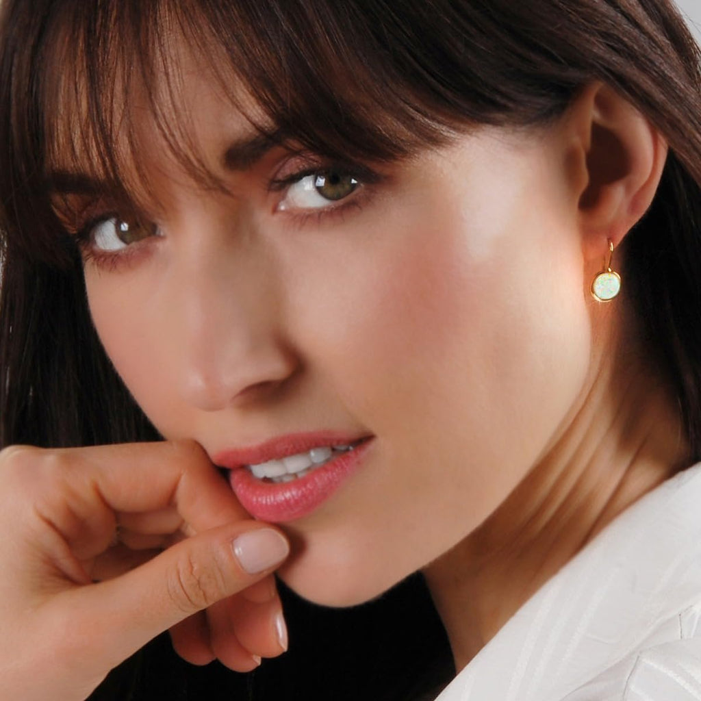 Created Opal Earrings for Women 14K Gold Plated - White Dangles for Brides