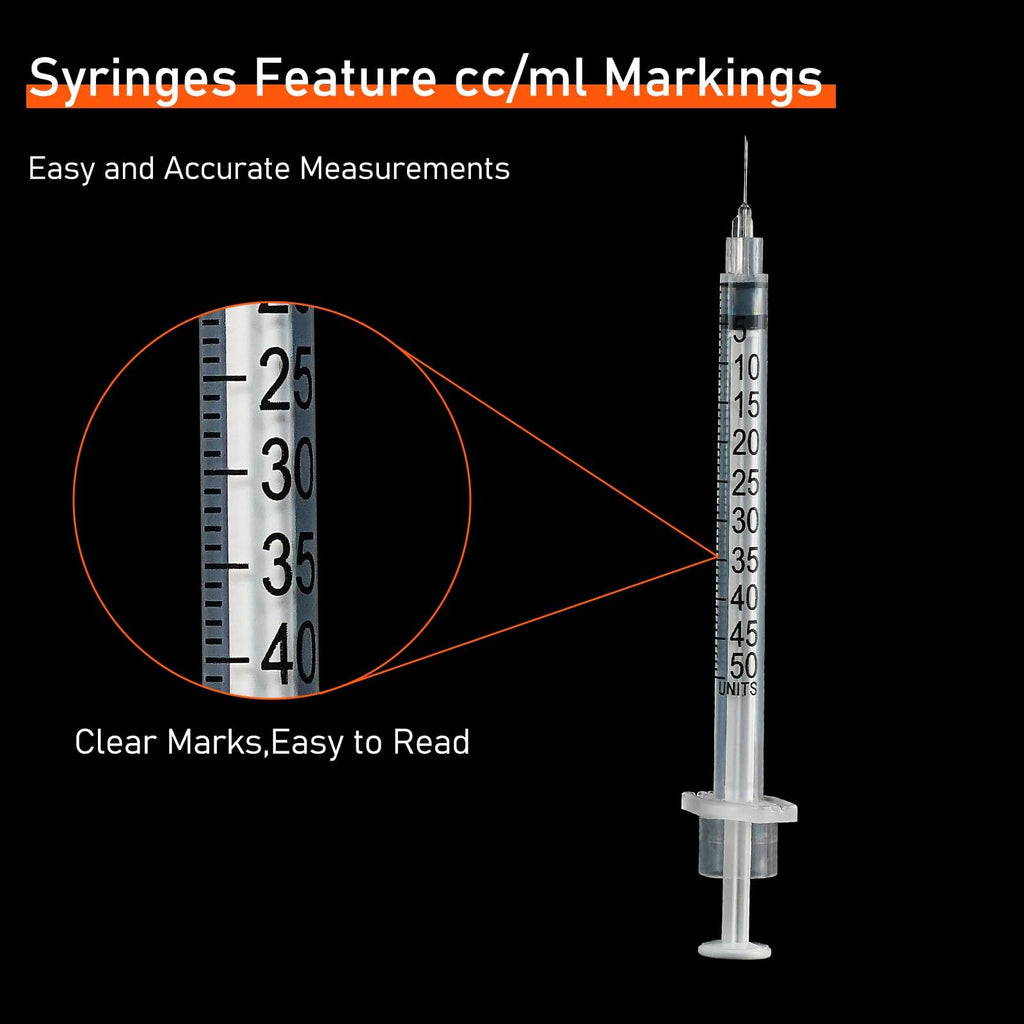 U-100 Syringe with Needle, 30G 1/2cc 5/16 Inch (8mm) Syringe, Individually Wrapped, Pack of 50