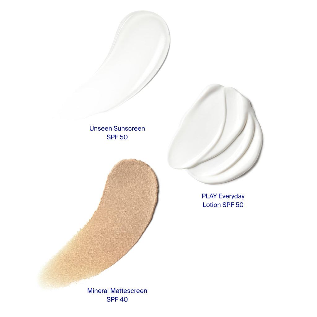Supergoop! Daily SPF Starter - Includes 3 Travel-Sized SPF Favorites: Unseen Sunscreen SPF 40, Mineral Mattescreen SPF 40, and PLAY Everyday Lotion SPF 50 - Non-Comedogenic