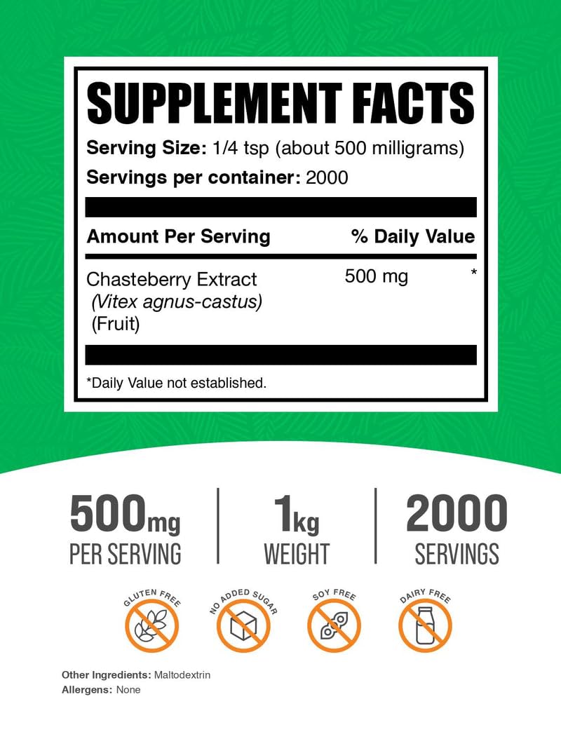 BulkSupplements.com Chasteberry Extract Powder - Chasteberry Sourced from Vitex Berry, Herbal Supplement - Vegan & Gluten Free, 500mg per Serving, 1kg (2.2 lbs) (Pack of 1)