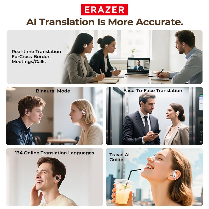 ERAZERL XP18 AI Translation Earbuds Real Time,134 Languages Translator Device No Subscription,Bluetooth 6.0 Translator Earbud 3-in-1 with 7 Translation Modes for Travel Business Meeting Learning Black