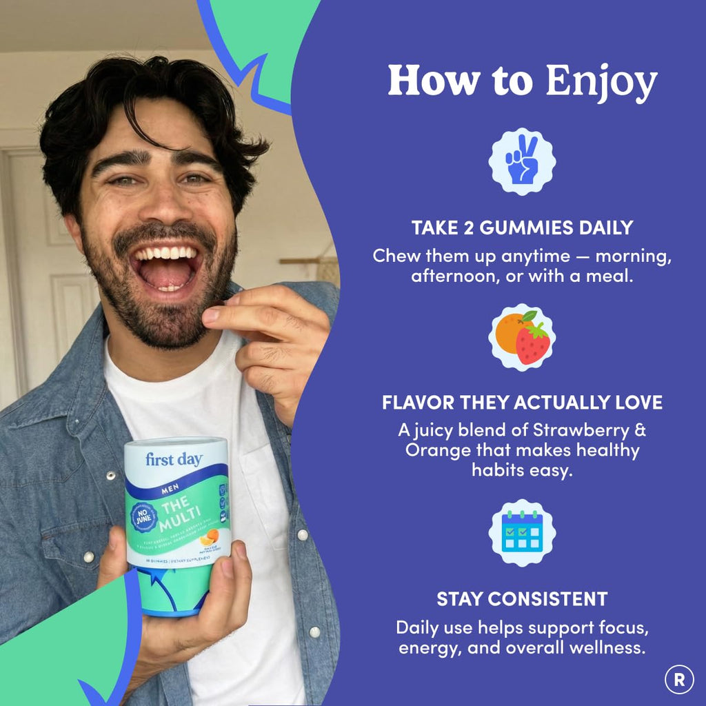 FIRST DAY Multivitamin for Men + Organic Fruit & Veggie Blend, Mens Multivitamins Gummies with 13 Key Nutrients for Energy, Focus, Immunity - Vitamins A, B1, B2, B6, B9, B12, C, D3, K - 30 Day Supply