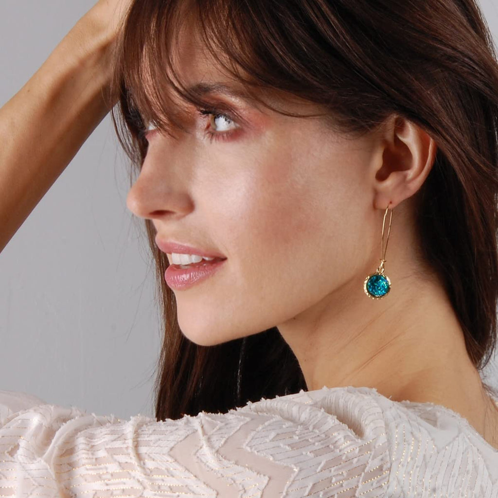 Teal Earrings for Women - Gold Tone Faux Druzy Boho Dangle Drop