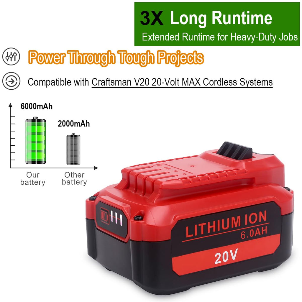 Upgraded 6.0Ah 20V Lithium Replacement Battery Compatible with Craftsman V20 Series Cordless Outdoor Tools, Compatible with Craftsman CMCB206, CMCB204, CMCB202 20 Volt MAX V20 Batteries, 2-Pack