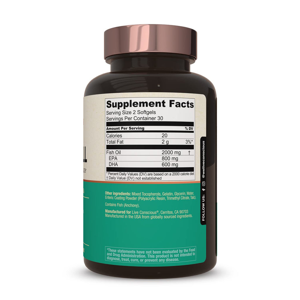 Live Conscious OmegaWell Fish Oil: Heart, Brain, and Joint Support | 800 mg EPA 600 mg DHA - Enteric-Coated, Sustainably Sourced - Easy to Swallow 120 Count (2-Pack)