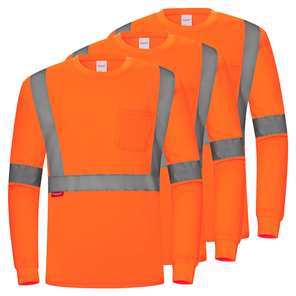 ProtectX 3-Pack Men's High Visibility Heavy Duty Long Sleeve Reflective Safety T-Shirts for Construction, Class 2-3 Type R, Orange Long Solid Medium