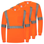 ProtectX 3-Pack Men's High Visibility Heavy Duty Long Sleeve Reflective Safety T-Shirts for Construction, Class 2-3 Type R, Orange Long Solid Medium