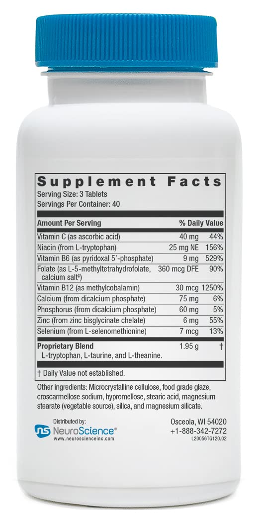 Neuroscience TravaGen - Emotional Support and Stress Relief Supplement with L-Tryptophan, L-Theanine, and B Vitamins - Supports Serotonin, GABA Balance, and Sleep Quality (120 ct)