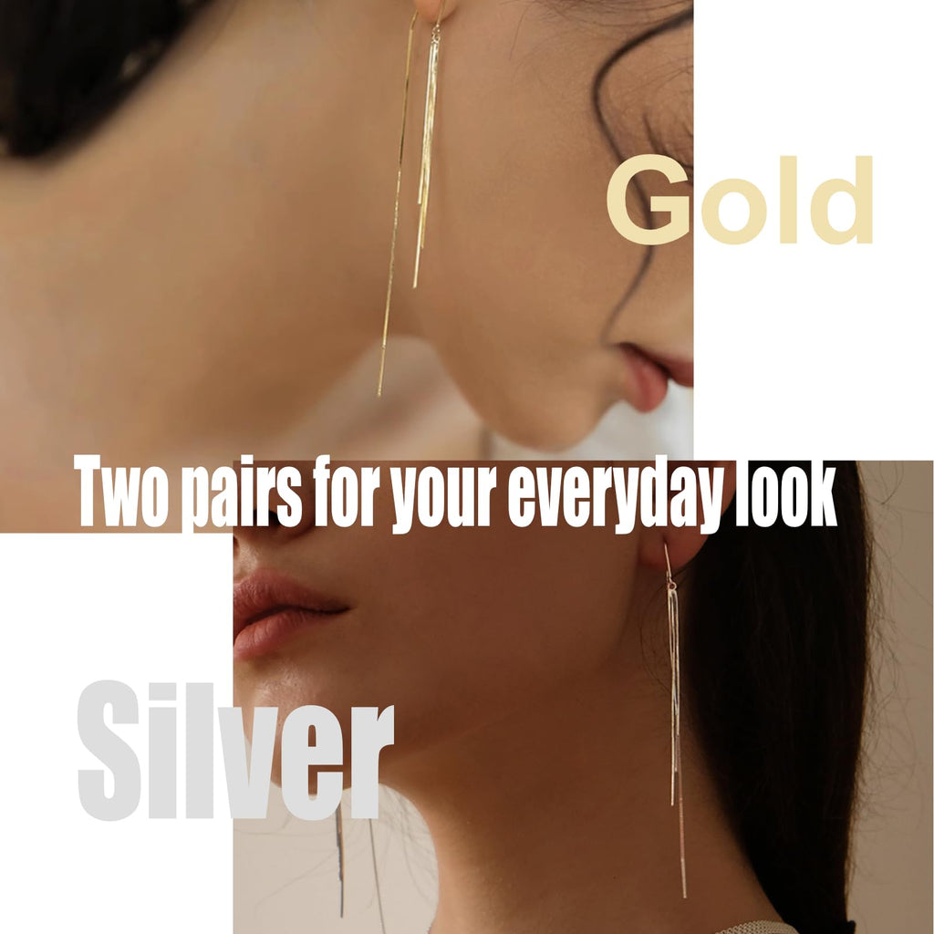 Ckeureri Threader Dangle Earrings for Women Dazzling Tassel Long chain Drop Earrings for Your Wedding and Prom(Gold Silver 2 Pair Pack)