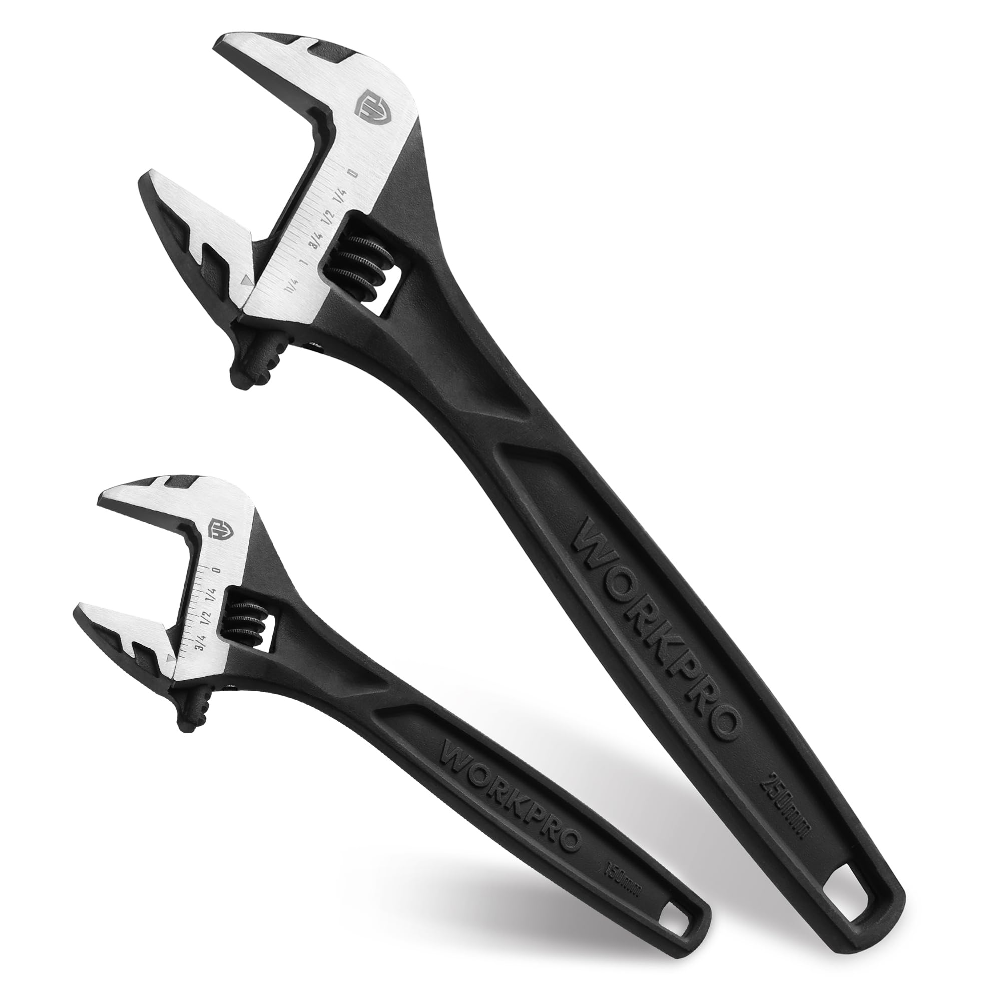WORKPRO 2-piece Adjustable Wrench Set, 6-Inch & 10-Inch Wrenches, Cr-V Steel, Wide Jaw Wrench with Metric & SAE Scale, good for Home, Garage, Workshop