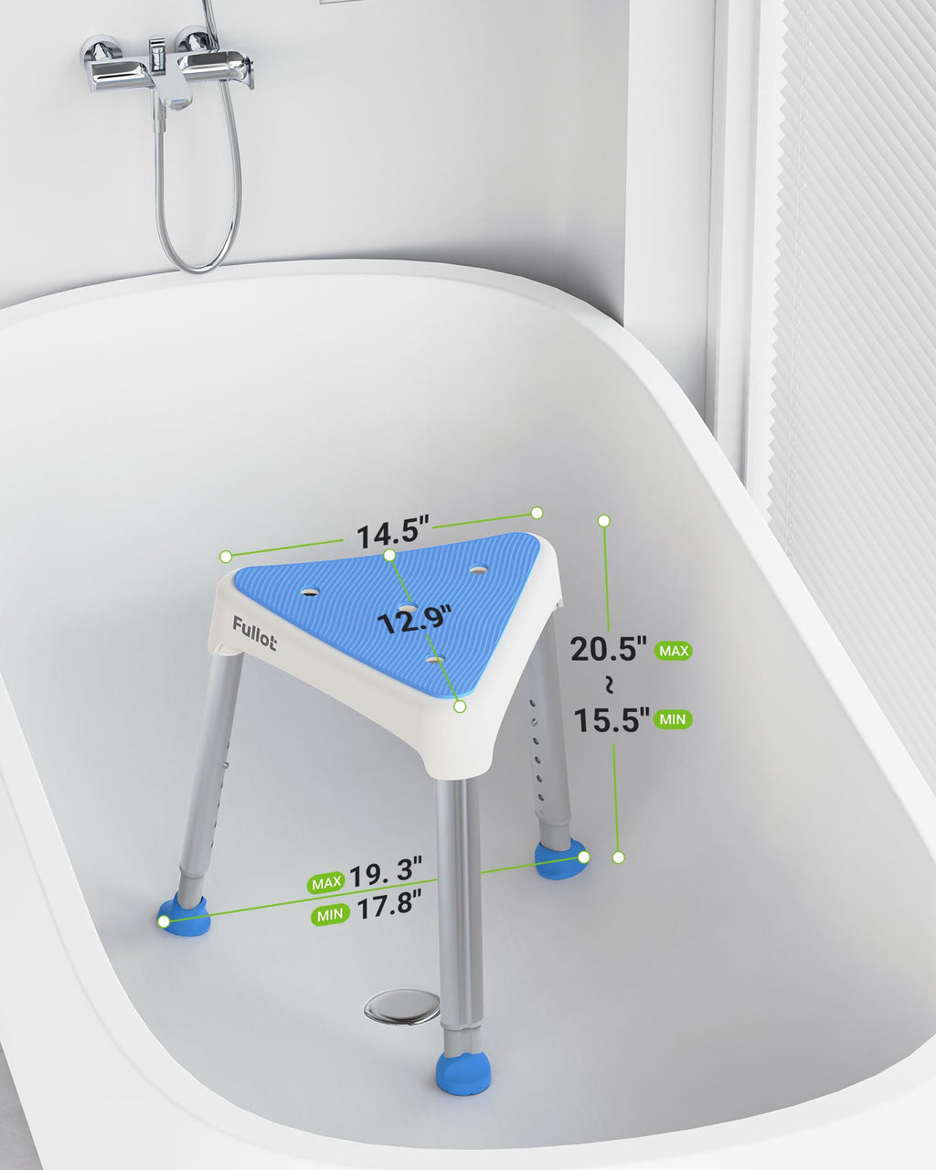 Space-Saving Triangular Shower Chair for Elderly and Disabled, 400 lbs Adjustable Shower Stool Seat with Stable-Bracing, Non-Slip Bathtub Chair, Tool-Free Assembly, Blue With Eva Pad