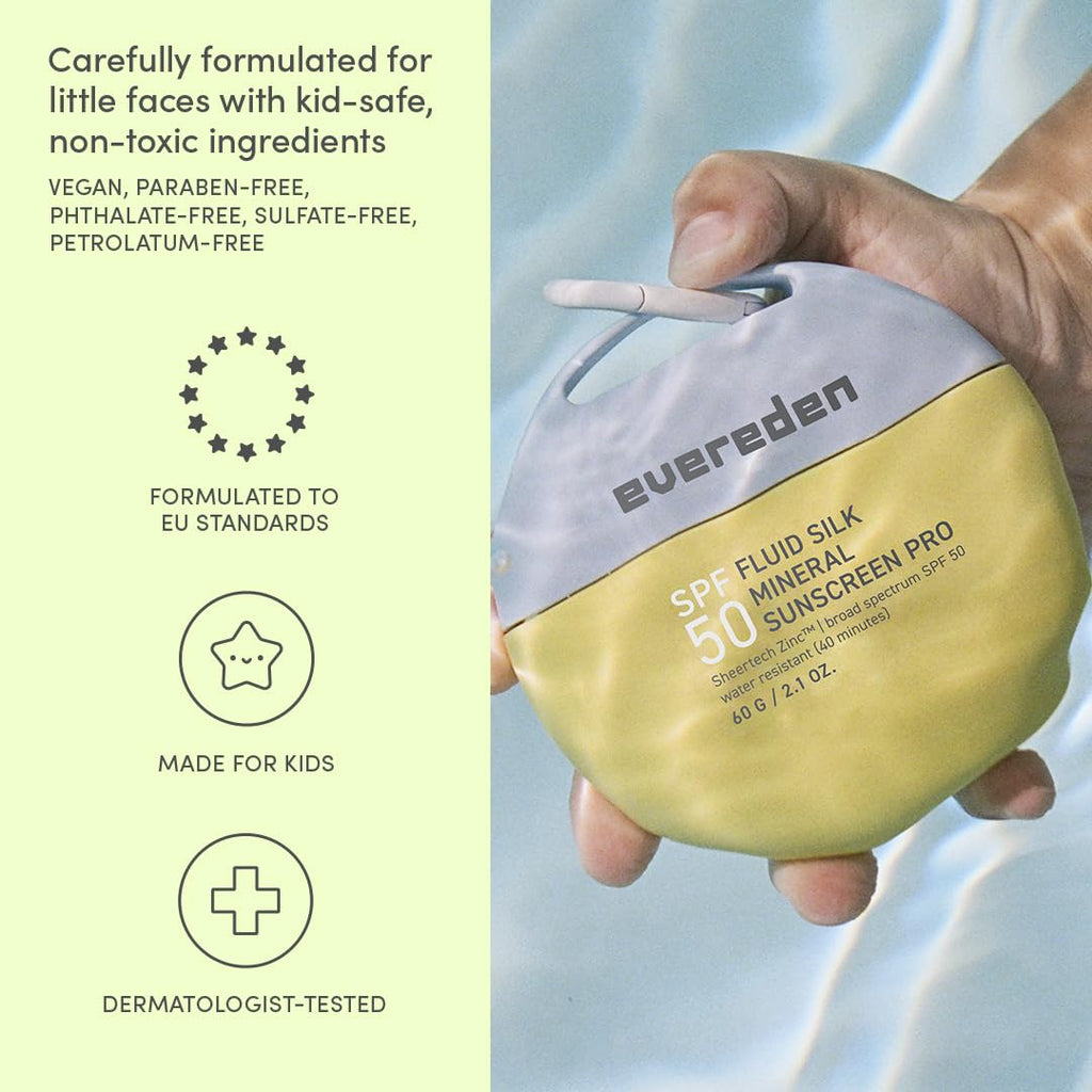 Evereden SPF50 Fluid Silk Mineral Kids Sunscreen: Clean Cooling Non-Nano UVA, UVB, & IR Protection for Sensitive Skin - Sheer, Lightweight, & Waterproof for Up to 40 Mins - Beach Day Toddler Sunscreen