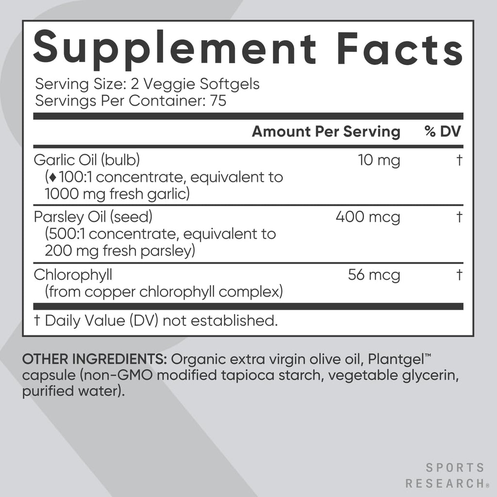 Sports Research® Odorless Garlic Oil Pills (1000mg) with Parsley & Chlorophyll - Vegan Certified · Non-GMO · Gluten Free - 150 Plantgel Capsules
