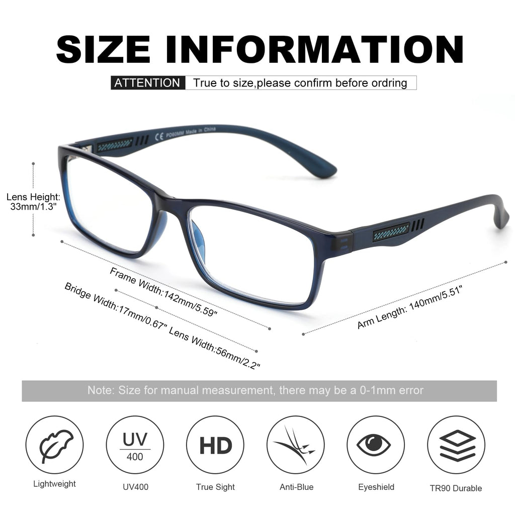 CARA Progressive Reading Glasses for Men Multifocus TR90 Readers, Superior Lightweight Blue Light Blocking Eyeglasses 2 Pack(Black+Blue, +3.50)