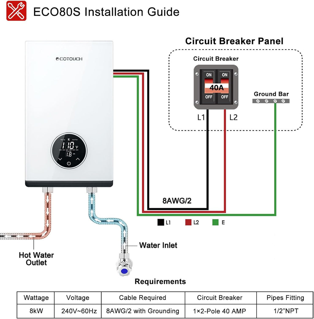 Tankless Hot Water Heater Electric, ECOTOUCH 8kW 240V Instant Water Heater Under Sink Point of Use Water Heaters on Demand with Self Modulating Technology ETL Certificated ECO80S White