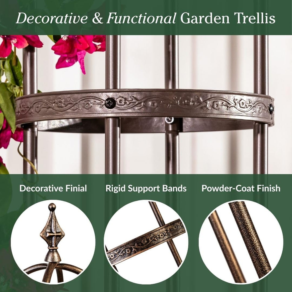 Plow & Hearth Metal Garden Obelisk | Indoor/Outdoor | Powder-Coated Steel | Trellis for Climbing | Floral Pattern | 11" Dia. x 7'H | Bronze
