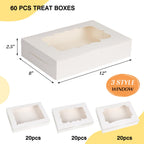 TOMNK 60pcs Cookie Boxes with 3 Style Window, 12x8x2.5in White Bakery Boxes