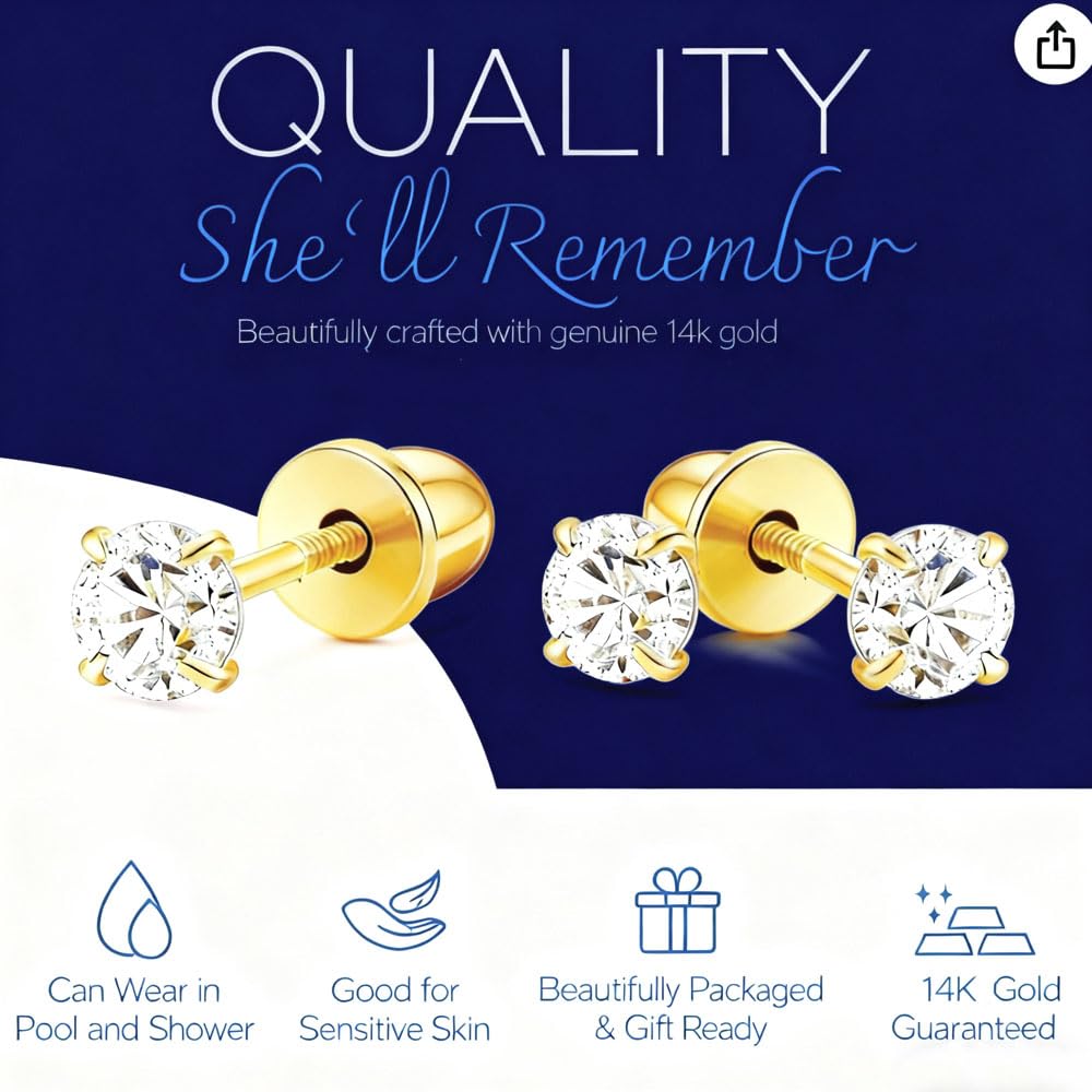 14K Gold Cubic Zirconia Stud Earrings,Secure Screw Back（Yellow Gold, 5mm）