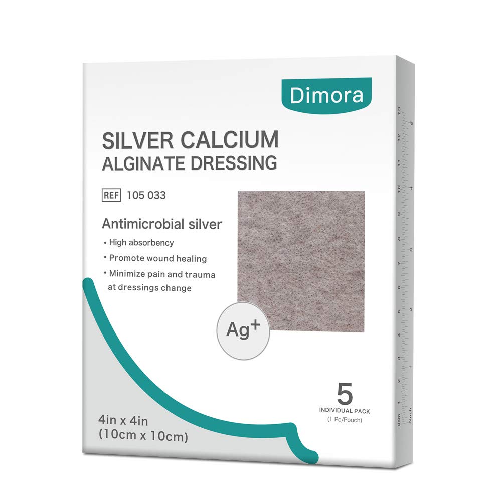 Dimora Ag Silver Calcium Alginate Wound Dressing Pads, 4'' x 4'' Patches, 5 Individual Pack, Highly Absorbent Dressing, Non-Stick Sterile Gauze