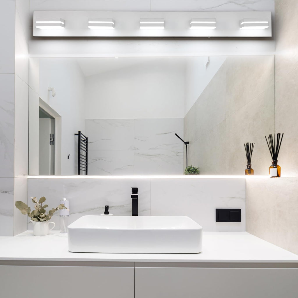 SineRise LED Modern Bathroom Vanity Light Fixtures (5-Light, 40-Inch), Matte White Modern Acrylic Bathroom Wall Lighting Fixtures Over Mirror (Cool White 6000K)