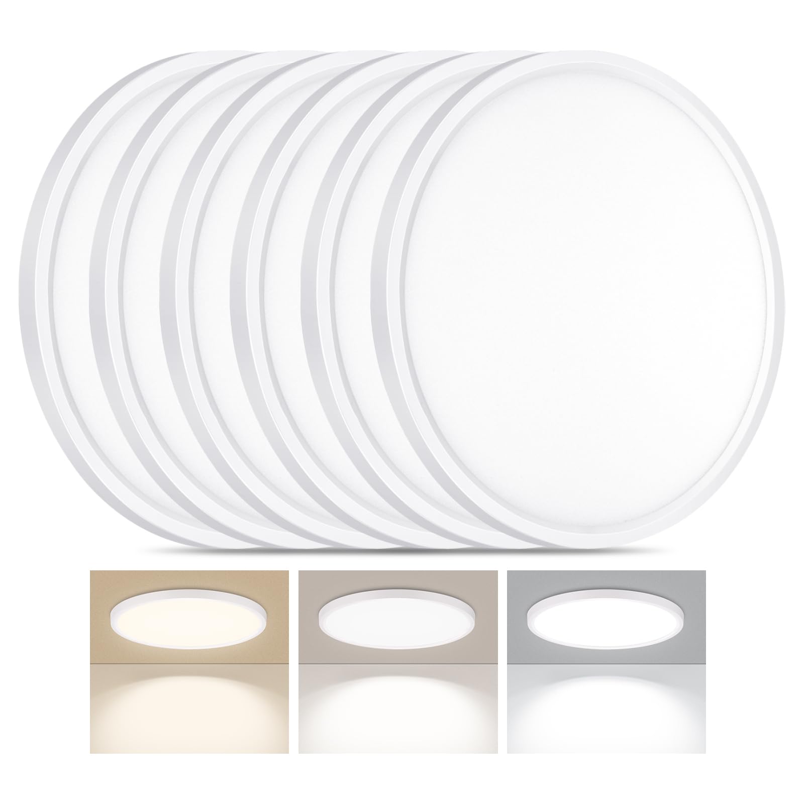 LUMLLSAJI 6 Pack LED Flush Mount Ceiling Light, 24W Ultra Thin Round White 3000k/4000k/6500k 3 Color Temperatures Adjusted 12 Inch Modern Ceiling Lights for Bedroom Bathroom Kitchen
