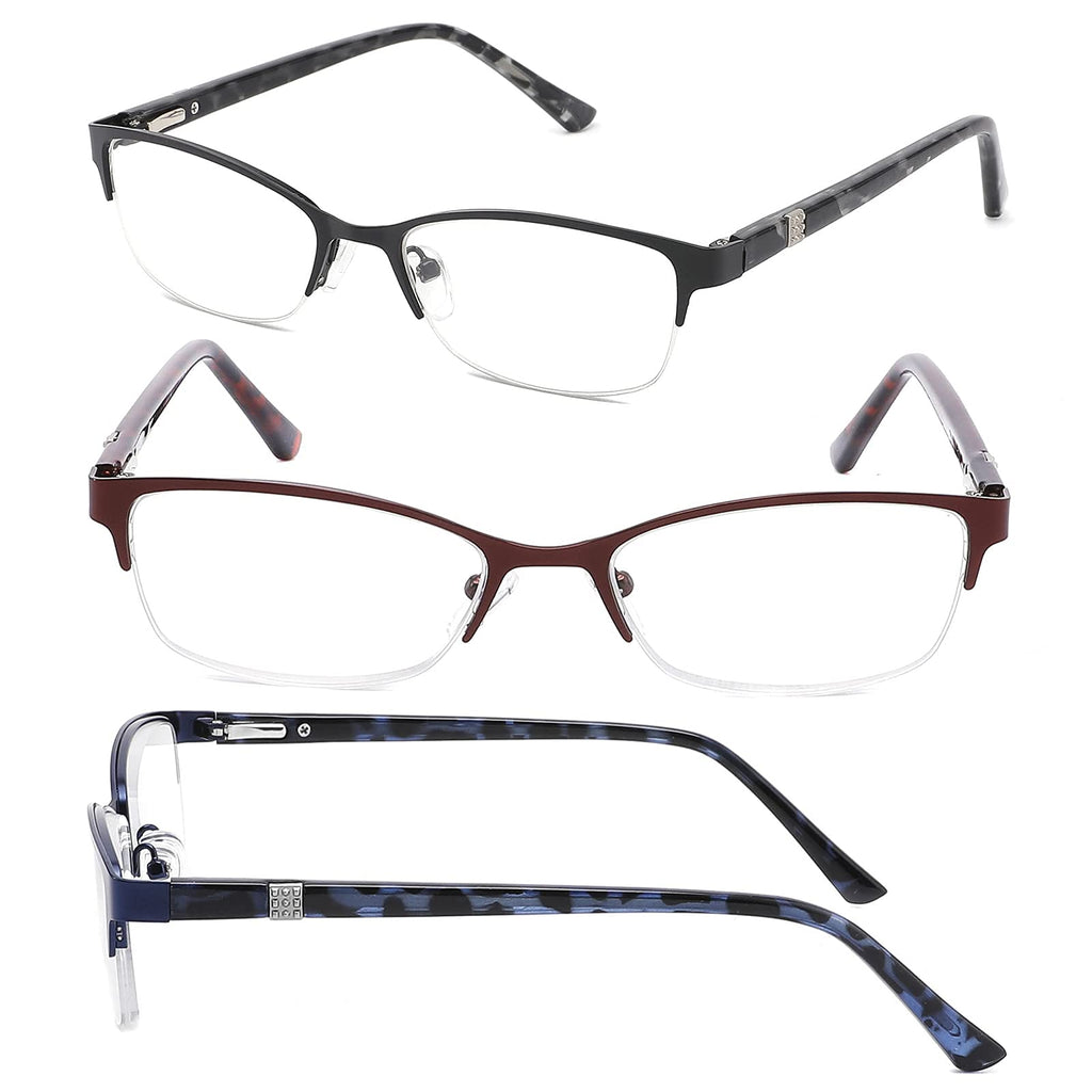 CRGATV 3-Pack Reading Glasses for Women Blue Light Blocking Metal Half Frame Computer Readers Anti UV/Eye Strain/Glare (+2.5 Magnification Strength)