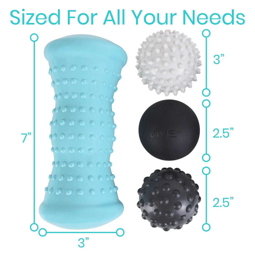 Vive Massage Ball Set (4 Piece) - Plantar Fasciitis Relief Foot Pain Hot Cold Therapy - Heel Spur, Sore Muscle, Trigger Point, Back, Arm, Neck, Shoulder, Leg Circulation Roller