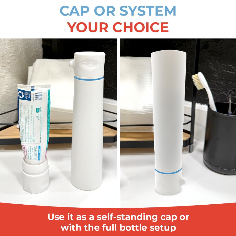 SqueezMe EasyPump Toothpaste Dispenser System - No-Mess Toothpaste Dispenser for Kids, Adults, Families - Hygienic Design & Easy One-Hand Use - Organizers & Accessories for Bathroom - Universal Fit