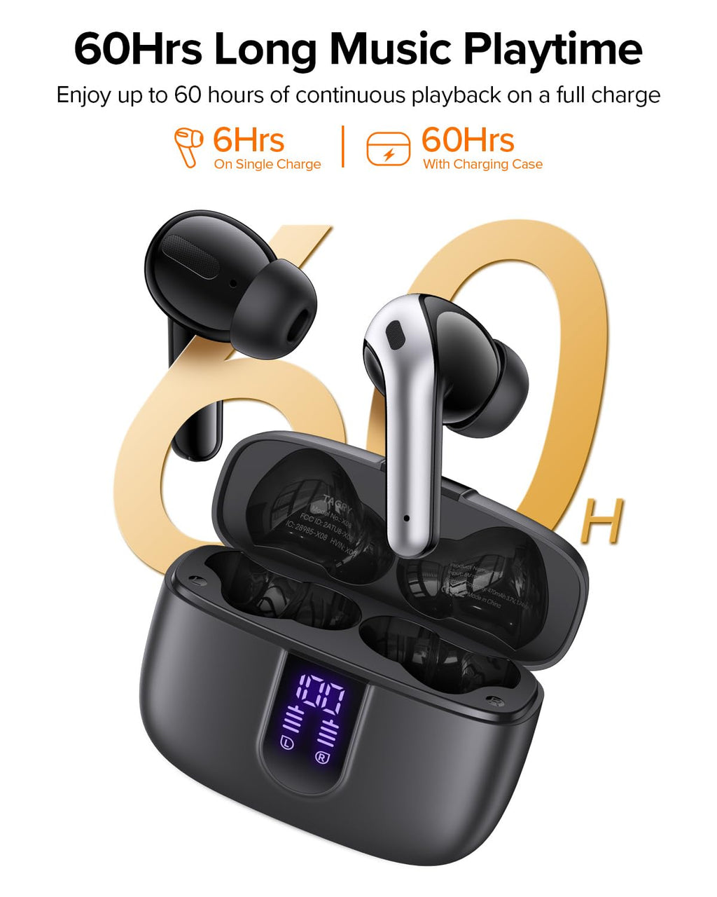 TAGRY Bluetooth Headphones True Wireless Earbuds 60H Playback LED Power Display Earphones with Wireless Charging Case IPX5 Waterproof in-Ear Ear buds with Mic for TV Smart Phone Laptop Computer Sports
