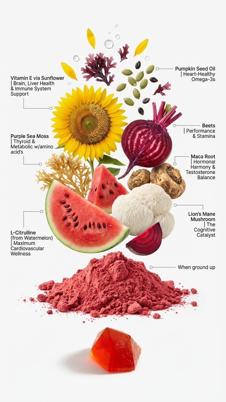 BDE Wildcrafted Sea Moss Gummy Maca Root, Beets, Lions Mane Mushroom, Vitamin D + E - Vegan Collagen, Zinc, Immunity & Detox, Gut Health - 60 Count