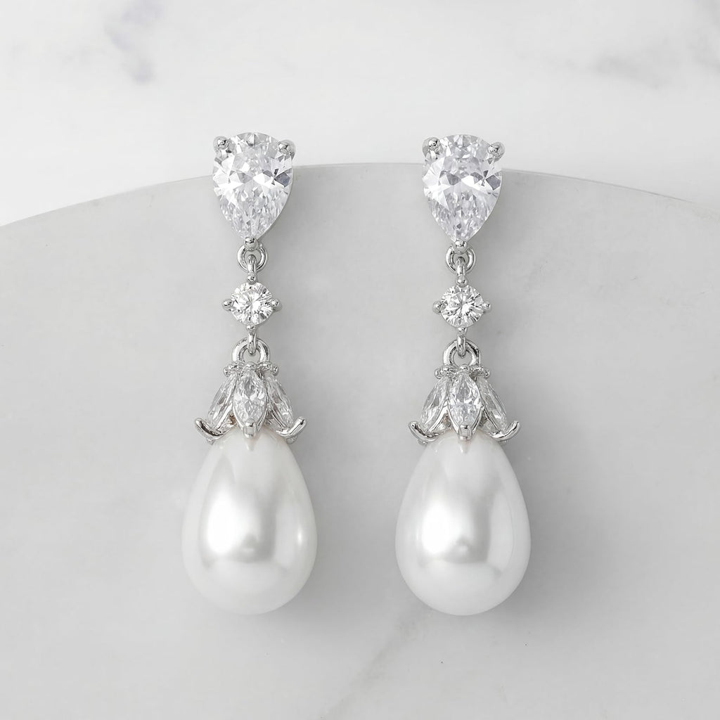 SWEETV Silver Pearl Drop Dangle Earrings for Women