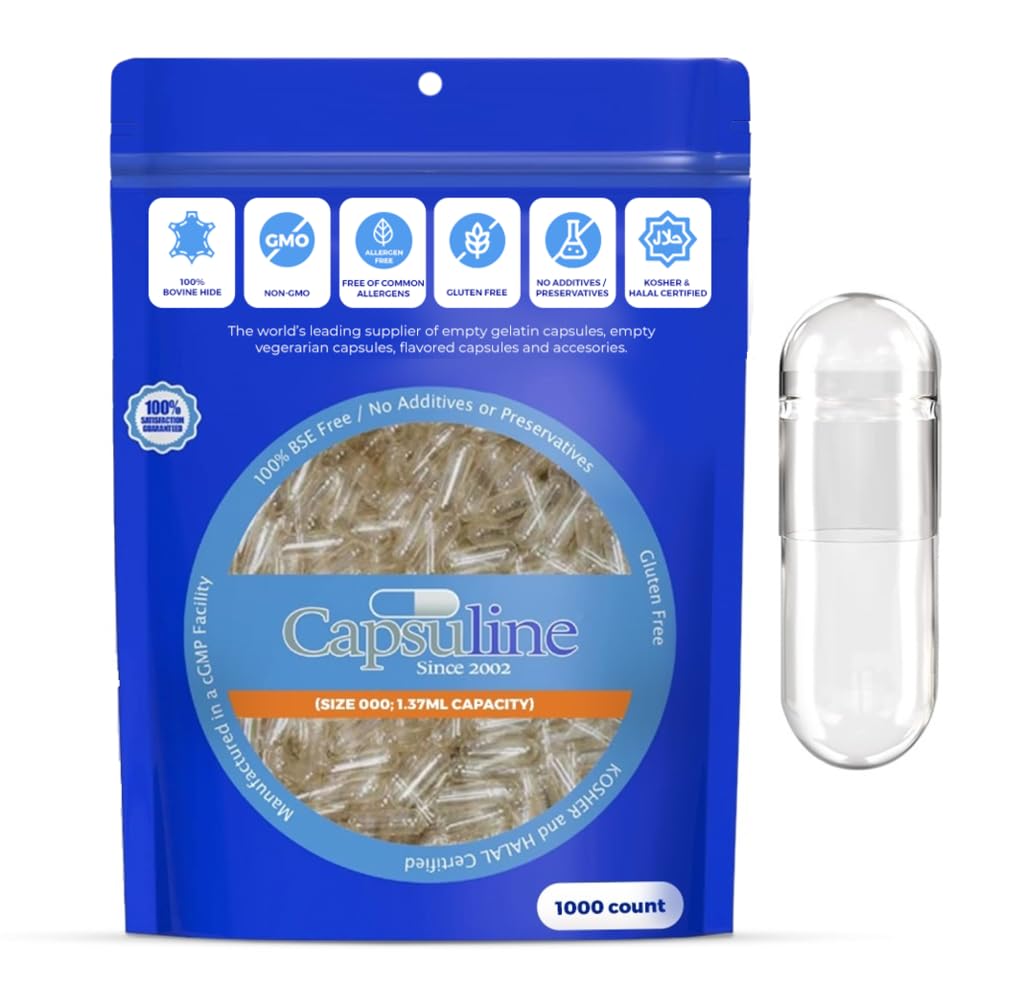 Capsuline Size 000 Empty Gelatin Capsules, Clear - 1000 Count | Gluten Free, Kosher, Non-GMO Certified | Pure Bovine Pill Caps for DIY Supplement Filling
