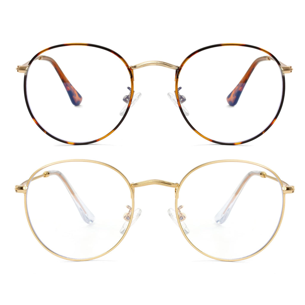 Onrtry Circle Blue Light Glasses for Women Men Round Metal Frame Computer Gaming Eyeglasses 2 Pack(Tortoise+Gold)