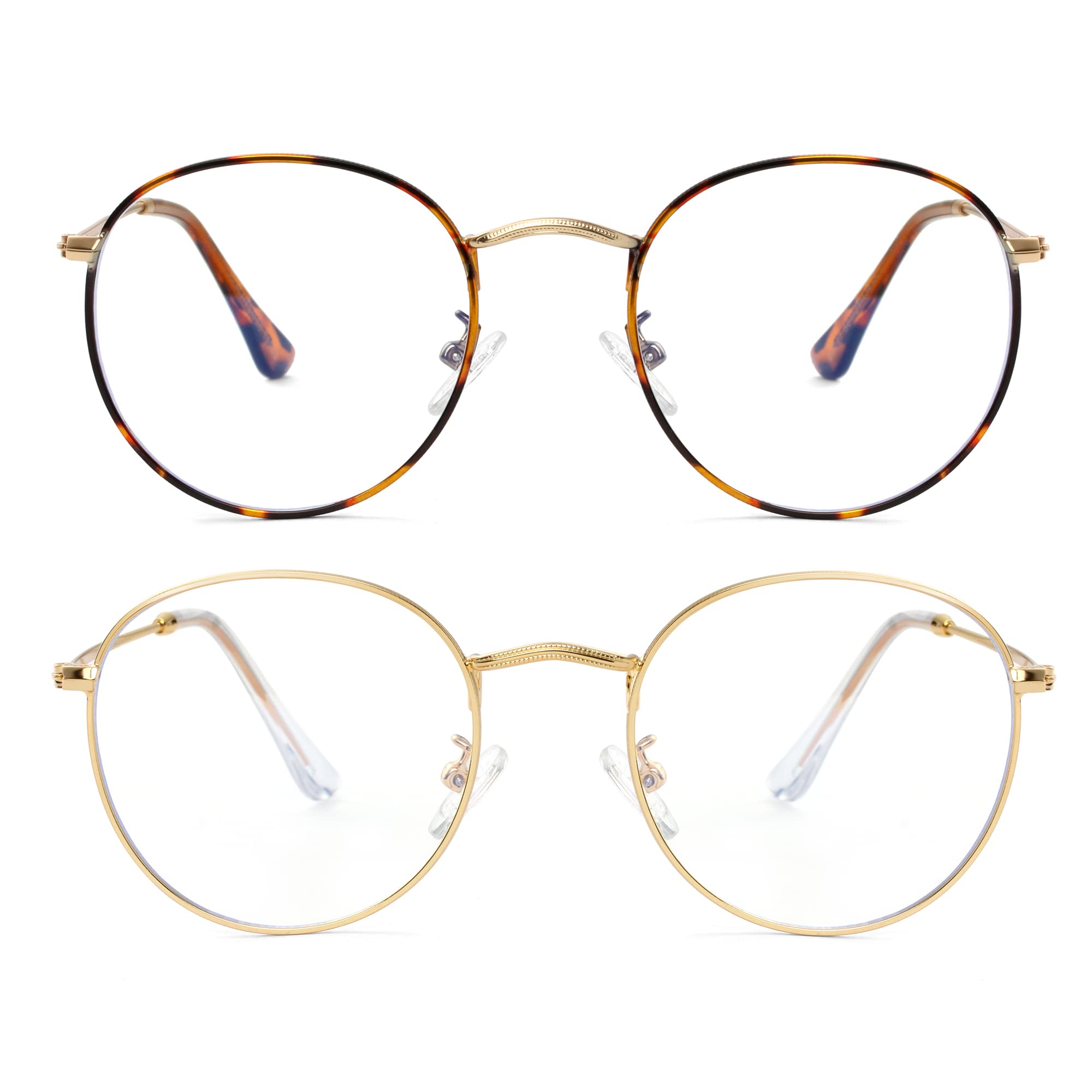 Onrtry Circle Blue Light Glasses for Women Men Round Metal Frame Computer Gaming Eyeglasses 2 Pack(Tortoise+Gold)