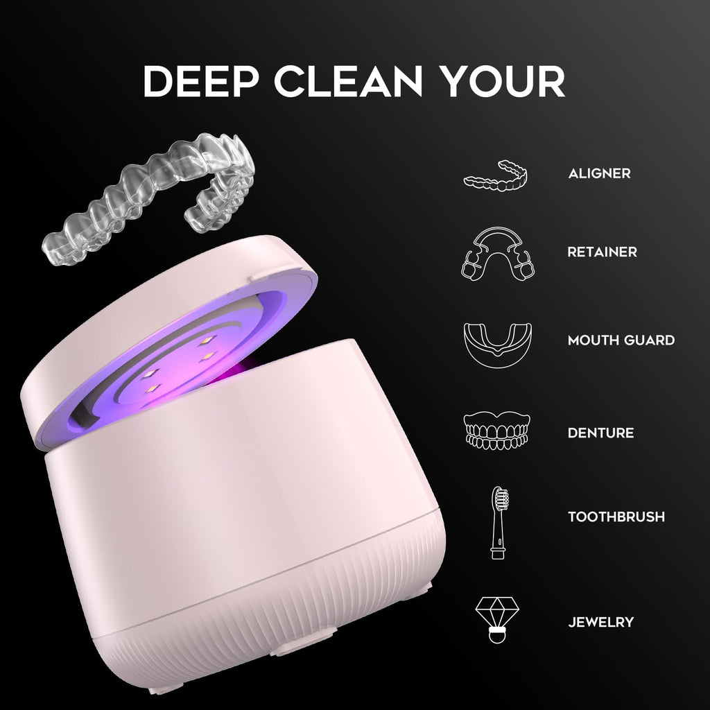 Ultrasonic Retainer Cleaner Machine, Dynamic 42-48kHz Dental Cleaning Pod with Digital Timer, 200ml Mouth Guard Cleaner Pod for Aligners, Night Guards, Dental Trays, Braces & Toothbrushes (Pink)