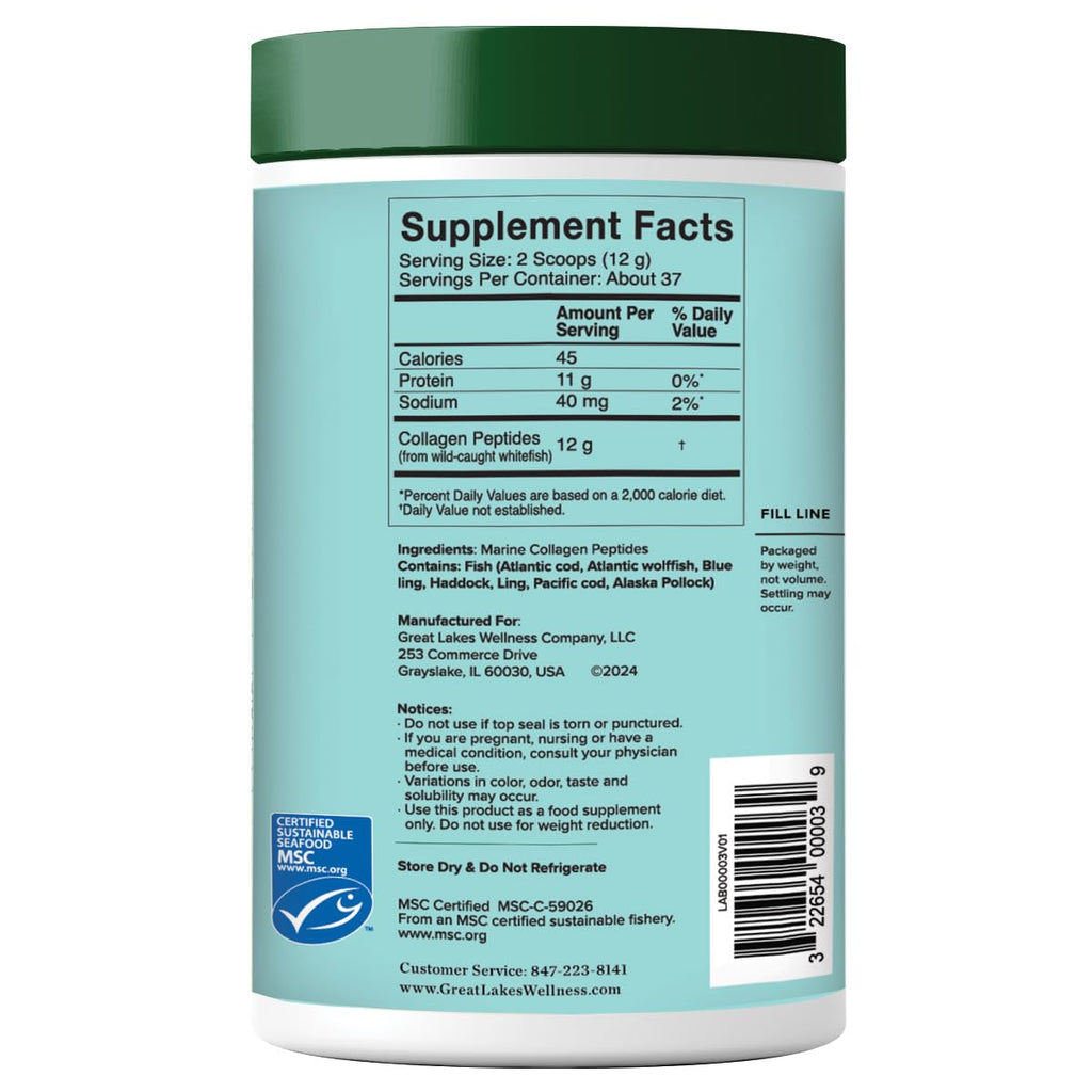 Great Lakes Wellness Sustainable Marine Collagen Peptides - Wild Caught MSC Certified - Unflavored Hydrolyzed Protein Powder - Support for Skin, Hair, Nails, Joints & Digestion - iGen Non-GMO - 8 oz
