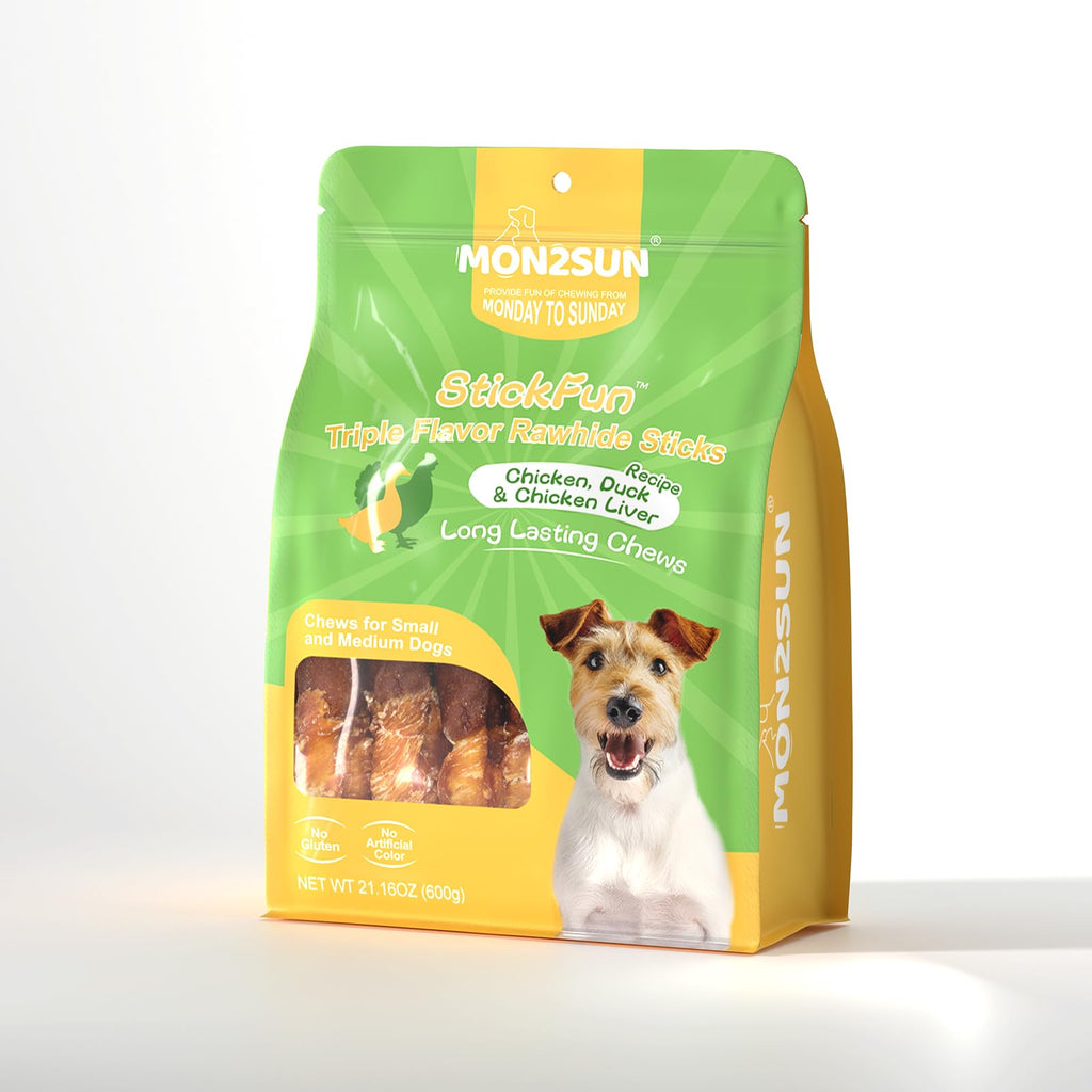 MON2SUN Dog Treats, 5 Inch Triple Flavor Wrapped Rawhide Sticks, 21.16oz