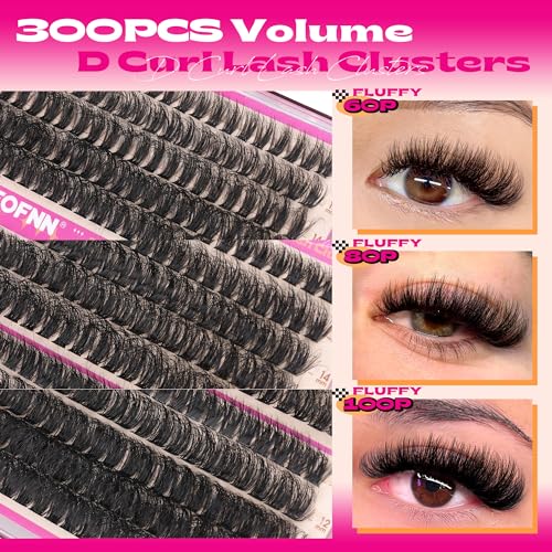 DIY Lash Extension Kit Fluffy Lash Clusters Kit 300PCS Eyelash Clusters with Bond and Seal Glue Thick 60D+80D+100D Cluster Eyelash Extensions Kit D Curl Volume Individual Lashes Kit at Home by Eefofnn