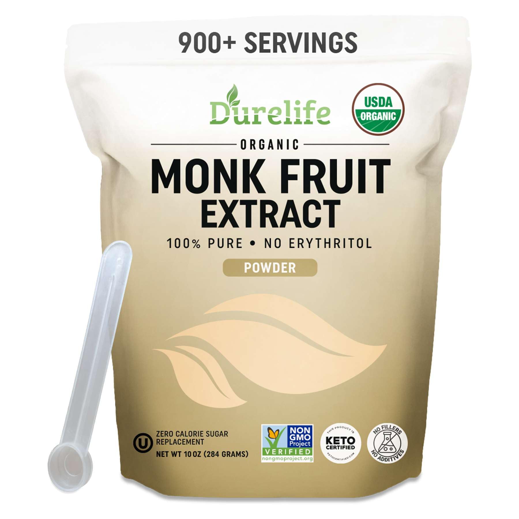 Durelife Organic 100% Pure Monk Fruit sweetener, No Erythritol, Monkfruit Extract Powder, USDA organic NON-GMO Project Verified, Keto Certified OU kosher No Fillers Zero Calorie Sugar Substitute 10 OZ