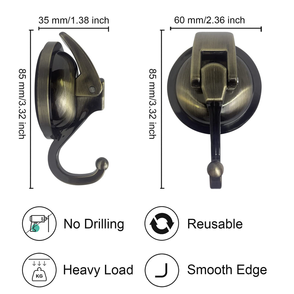 YSSILADI Heavy Duty Vacuum Suction Shower Hooks - Glass Suction Cup Bathroom Robe Hooks, Reusable, No Hole Punched - Bronze, 4 Pack