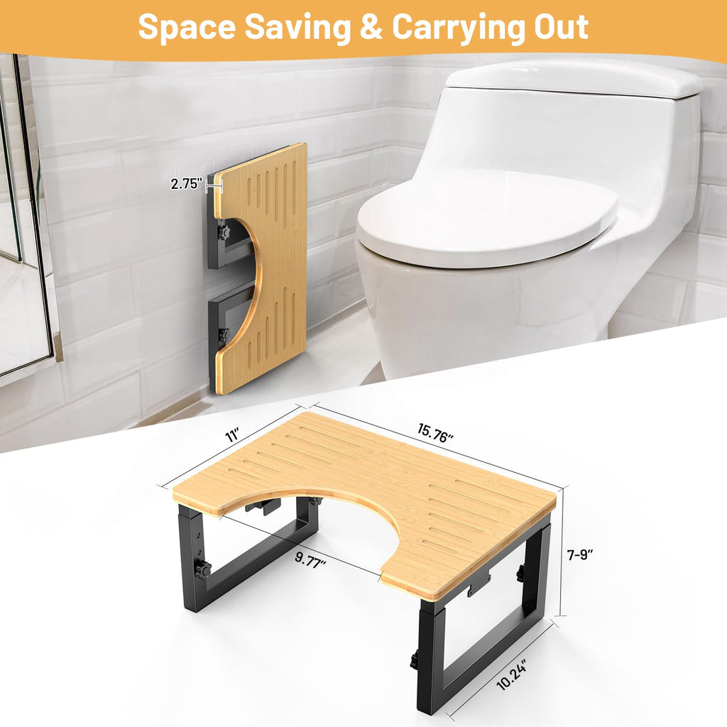 Bamboo Toilet Stool Foldable, 7 in, 8 in Or 9 in Adjustable Height Squat Stool Potty for Adults, Sturdy Poop Step Stool for Bathroom, Improve Squatting Posture, Non-Slip,500 lbs Capability