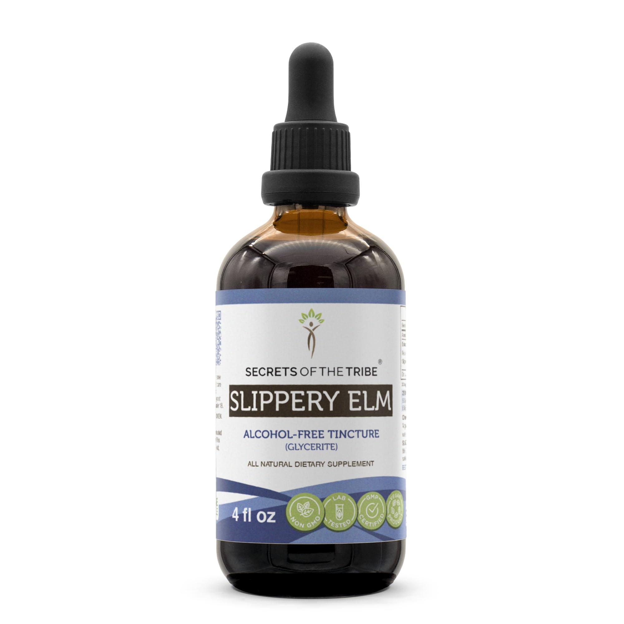 Secrets of the Tribe Slippery Elm Alcohol-Free Liquid Extract, Responsibly farmed Slippery Elm (Ulmus Rubra) Dried Bark 4 FL OZ