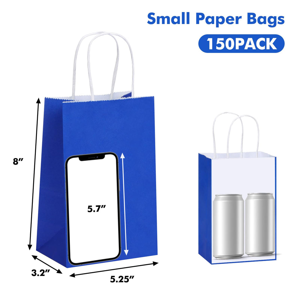 OUTUXED 150pcs Blue Paper Bags with Handles, 5.25x3.2x8 Inches Small Blue Gift Bags Bulk for Shopping, Birthday, Wedding, Merchandise and Business Party