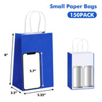 OUTUXED 150pcs Blue Paper Bags with Handles, 5.25x3.2x8 Inches Small Blue Gift Bags Bulk for Shopping, Birthday, Wedding, Merchandise and Business Party