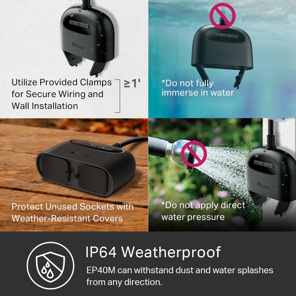 Kasa Matter Smart Outdoor Plug, Dual Outlet, IP64 Weather Resistance, Works with Apple HomeKit, Amazon Alexa, Google Home, SmartThings, 15A/1800W Max, ETL Certified, 2.4G Wi-Fi Only, EP40M